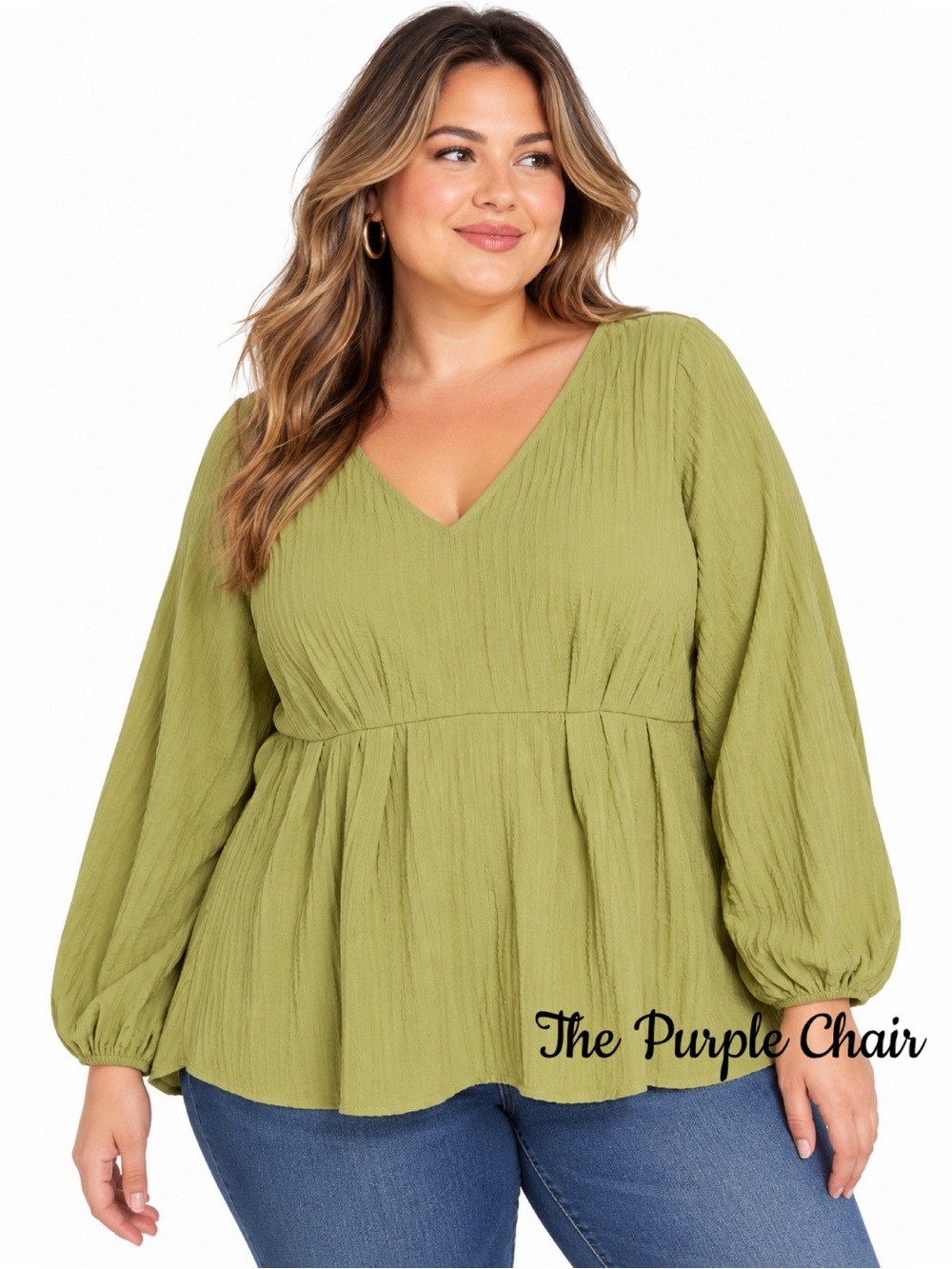 LANE BRYANT NWT Textured Balloon Sleeve V-Neck Peplum Top *Mosstone 38/40 (7X)